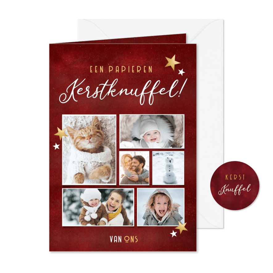 Rode fotocollage kerstkaart - papieren kerstknuffel van ons - Kaartimpressie