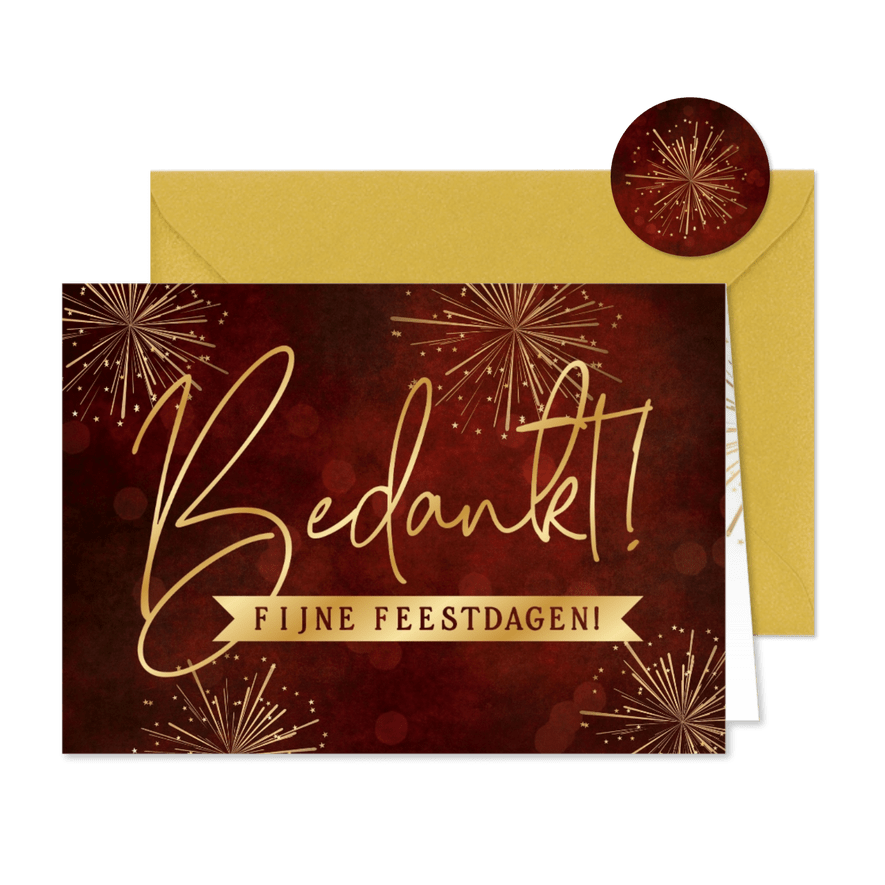 Rode kerst bedankkaart met gouden vuurwerk - Kaartimpressie