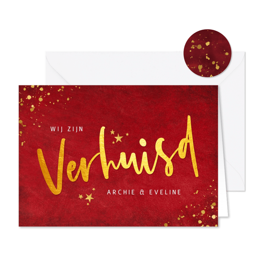 Rode kerst verhuiskaart met goudlook tekst verhuisd - Kaartimpressie