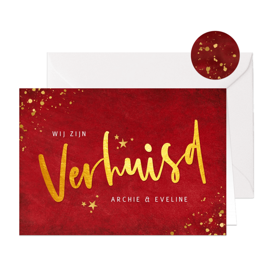 Rode kerst verhuiskaart met goudlook tekst verhuisd  - Kaartimpressie