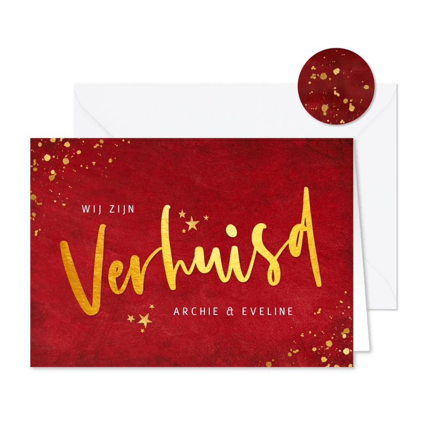 Rode kerst verhuiskaart met goudlook tekst verhuisd - Kaartimpressie