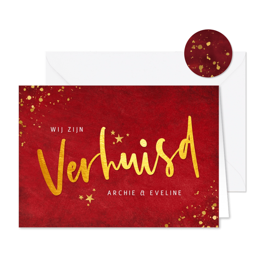 Rode kerst verhuiskaart met goudlook tekst verhuisd - Kaartimpressie