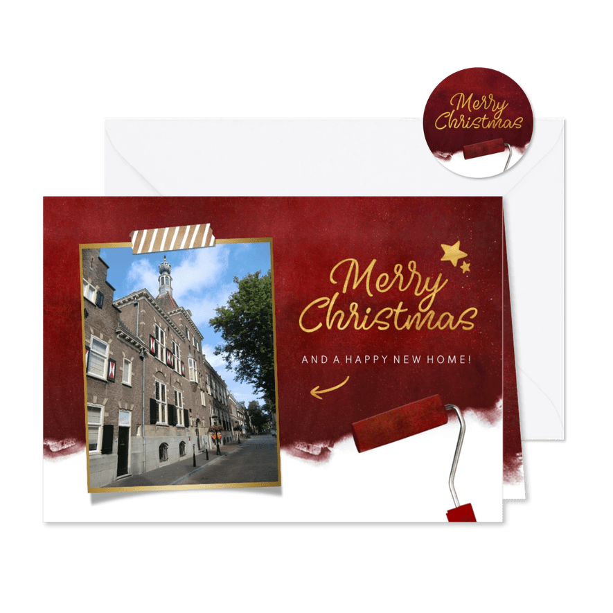 Rode kerst verhuiskaart met verfroller en eigen foto - Kaartimpressie