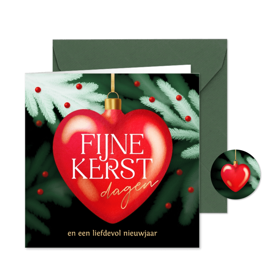 Rode kerstkaart kerstbal hart - Kaartimpressie
