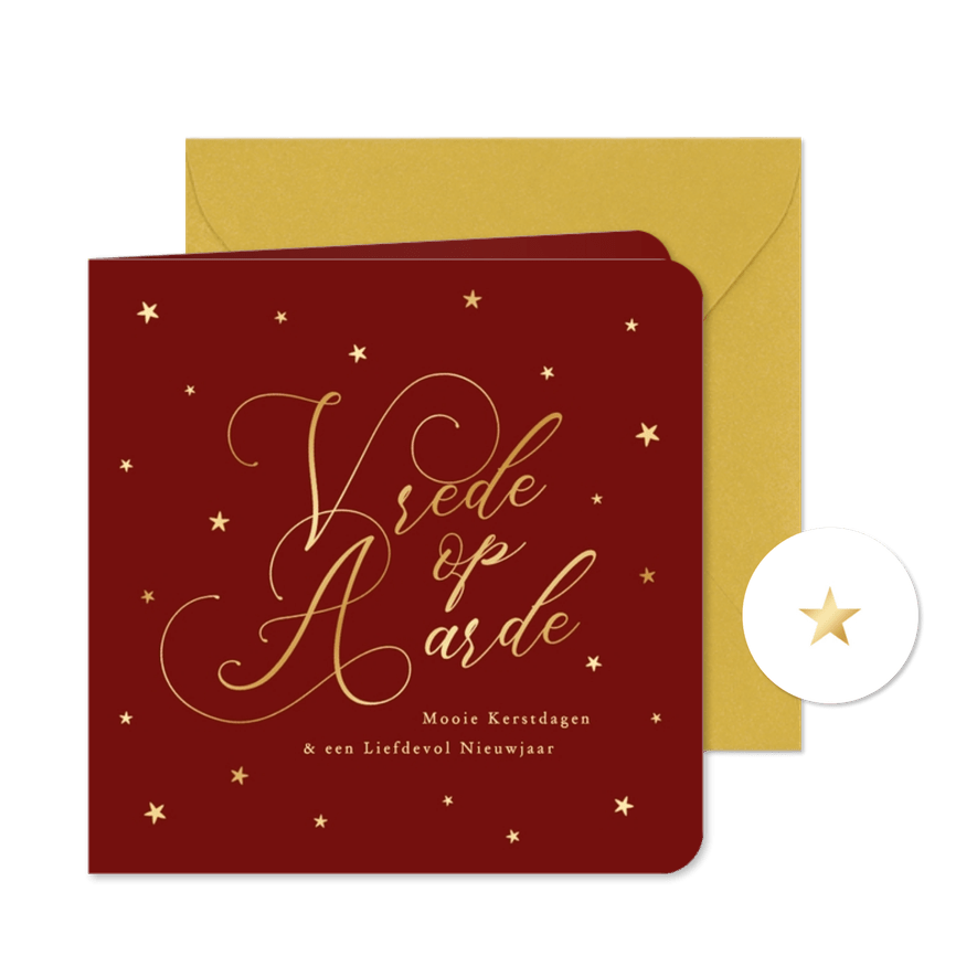 Rode kerstkaart klassiek vrede op aarde goudfolie - Kaartimpressie