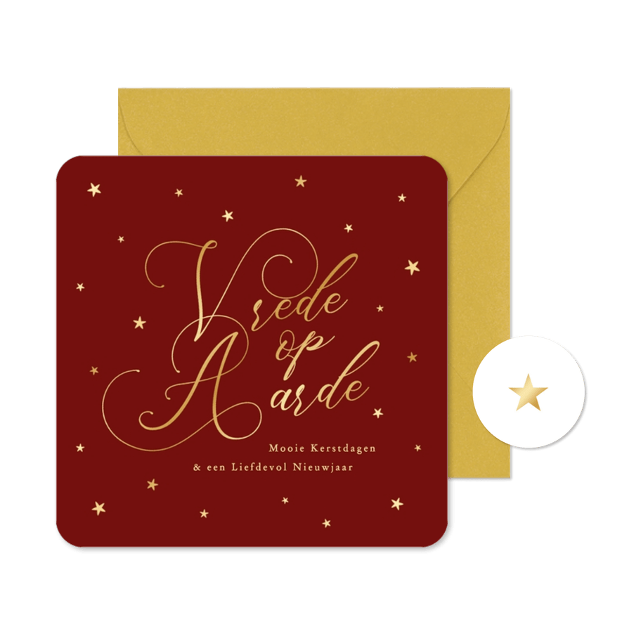 Rode kerstkaart klassiek vrede op aarde goudfolie - Kaartimpressie