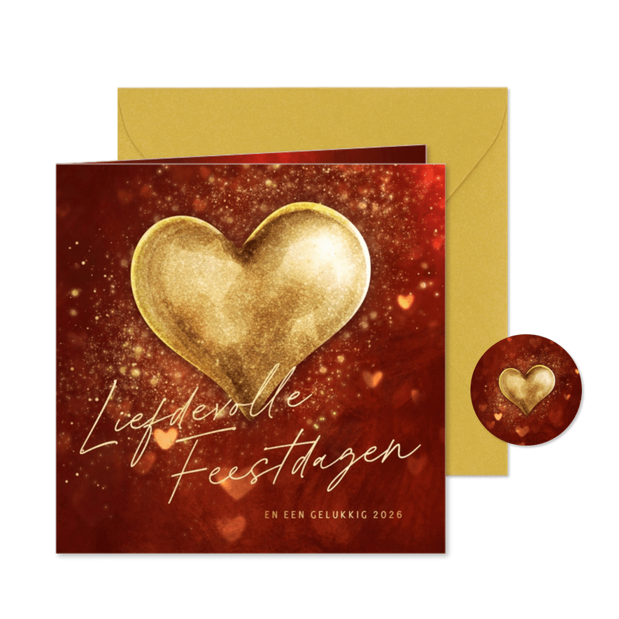 Rode kerstkaart 'Liefdevolle Feestdagen' sprankelend hart - Kaartimpressie