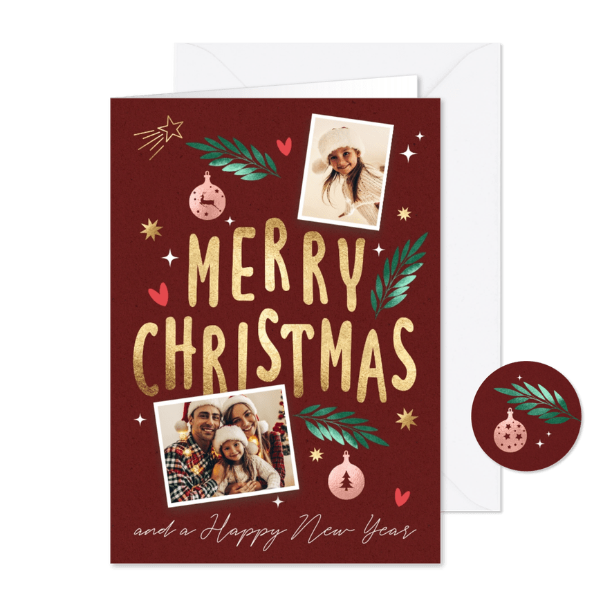 Rode kerstkaart met foto's en sterren - Kaartimpressie