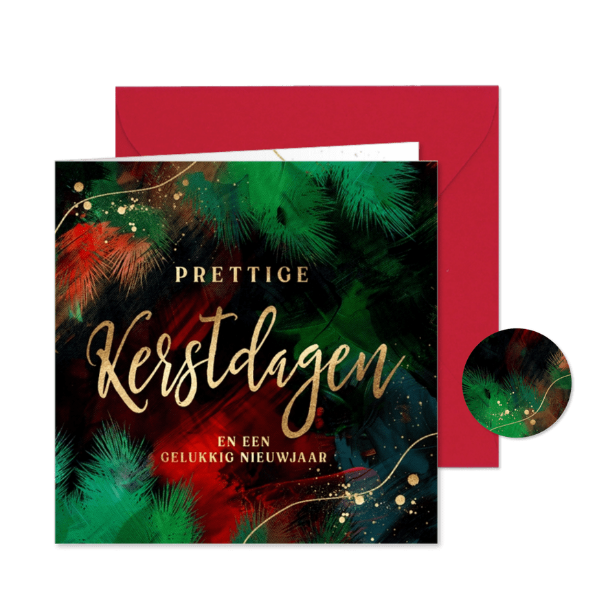 Rode kerstkaart met groene kersttakken - Kaartimpressie