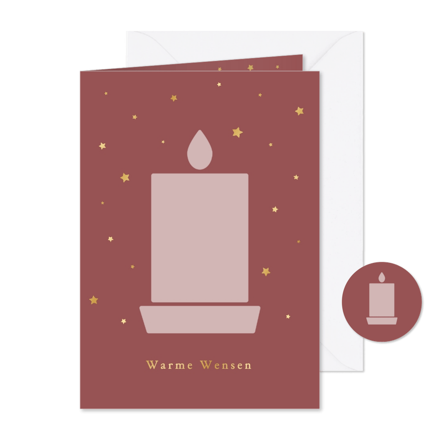 Rode kerstkaart met kaars en gouden sterretjes lichtpuntje - Kaartimpressie