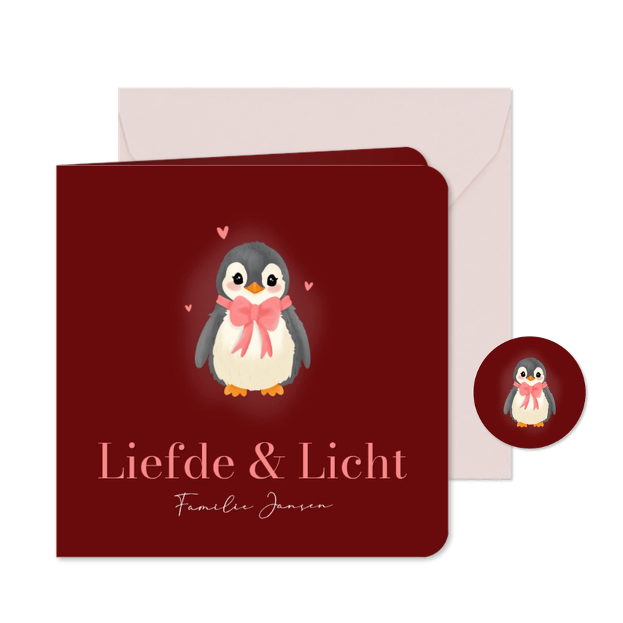 Rode kerstkaart met schattige pinguin met strikje - Kaartimpressie