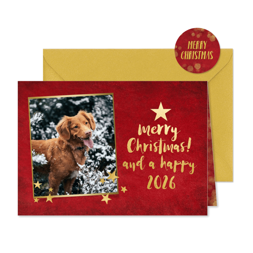 Rode kerstkaart met sterren achtergrond en eigen foto - Kaartimpressie