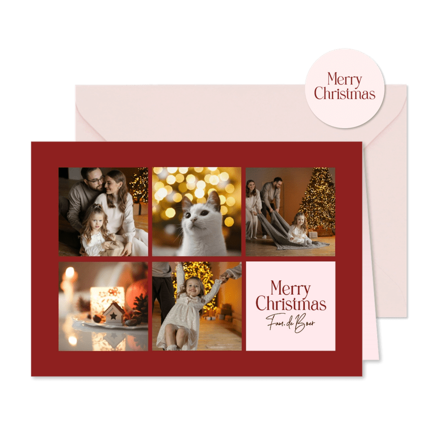 Rode kerstkaart met trendy fotogrid - Kaartimpressie