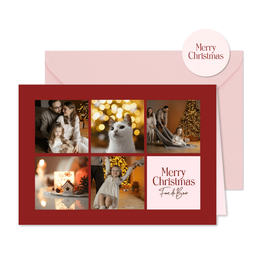 Rode kerstkaart met trendy fotogrid  - Kaartimpressie