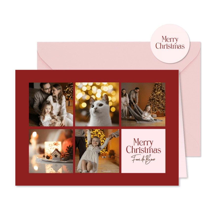 Rode kerstkaarten met trendy fotogrid  - Kaartimpressie