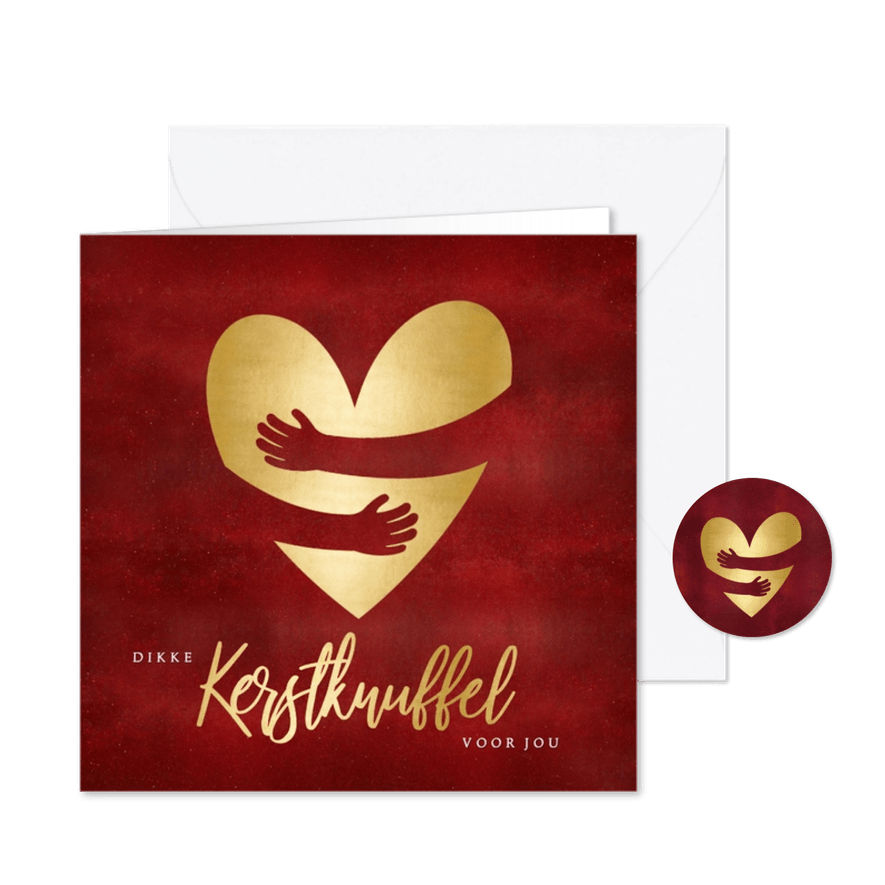 Rode kerstknuffel kerstkaart met gouden hart  - Kaartimpressie