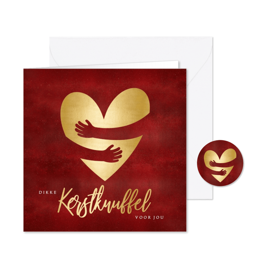 Rode kerstknuffel kerstkaart met gouden hart - Kaartimpressie