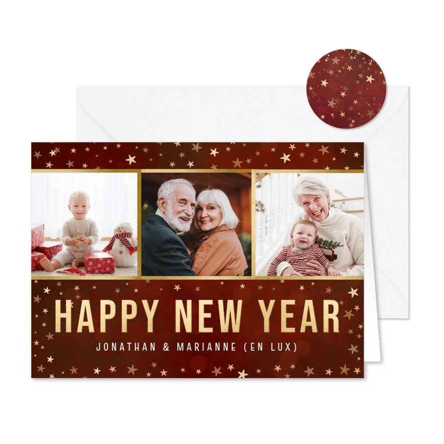 Rode nieuwjaarskaart Happy New Year gouden sterretjes - Kaartimpressie