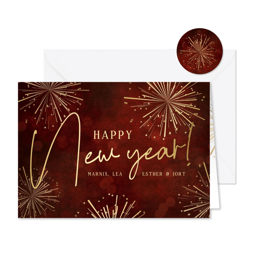Rode nieuwjaarskaart met vuurwerk en gouden letters - Kaartimpressie