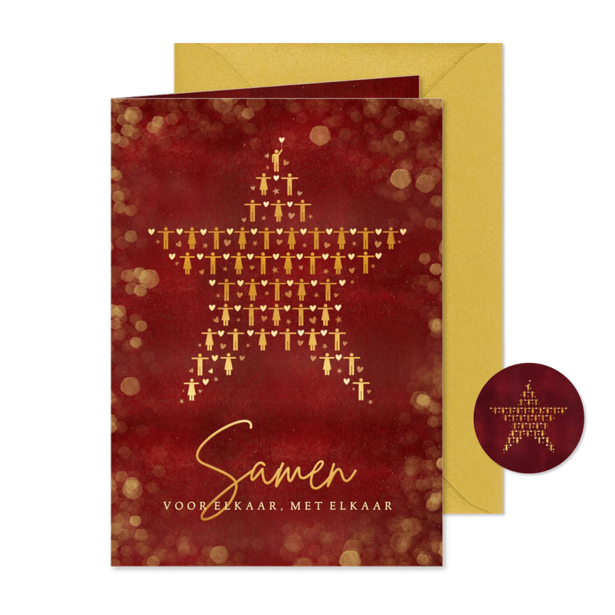 Rode nieuwjaarskaart samen met elkaar met gouden ster - Kaartimpressie