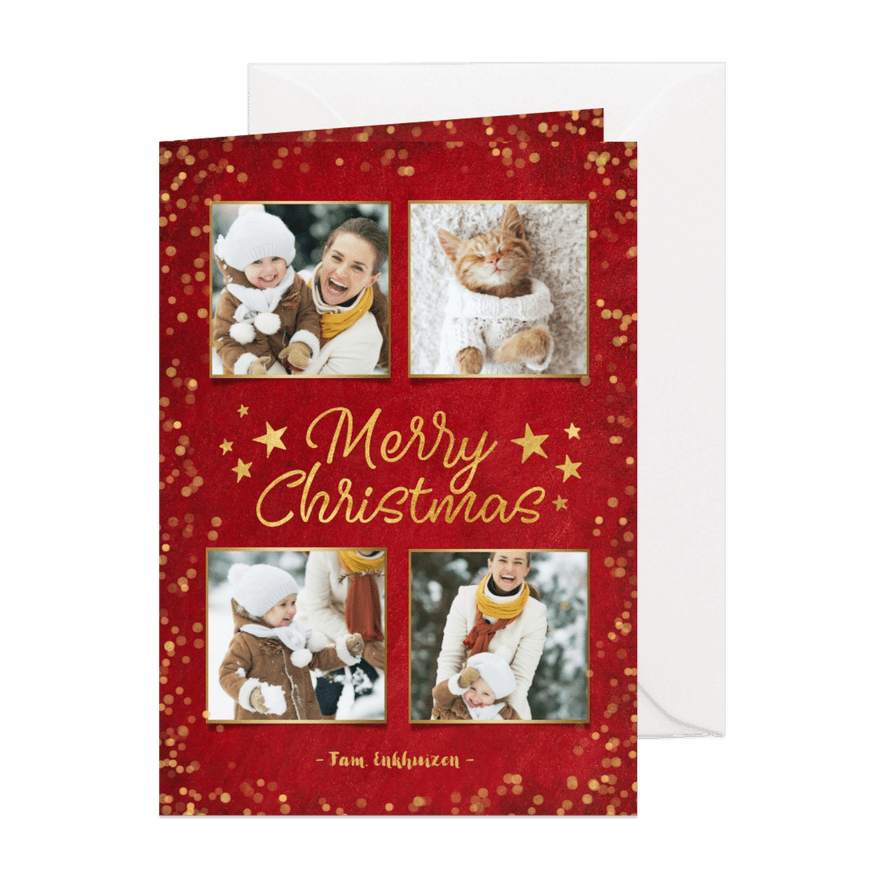 Rode sfeervolle fotocollage kerstkaart met goudlook confetti - Kaartimpressie