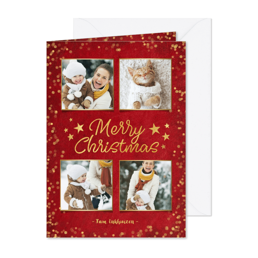 Rode sfeervolle fotocollage kerstkaart met goudlook confetti - Kaartimpressie