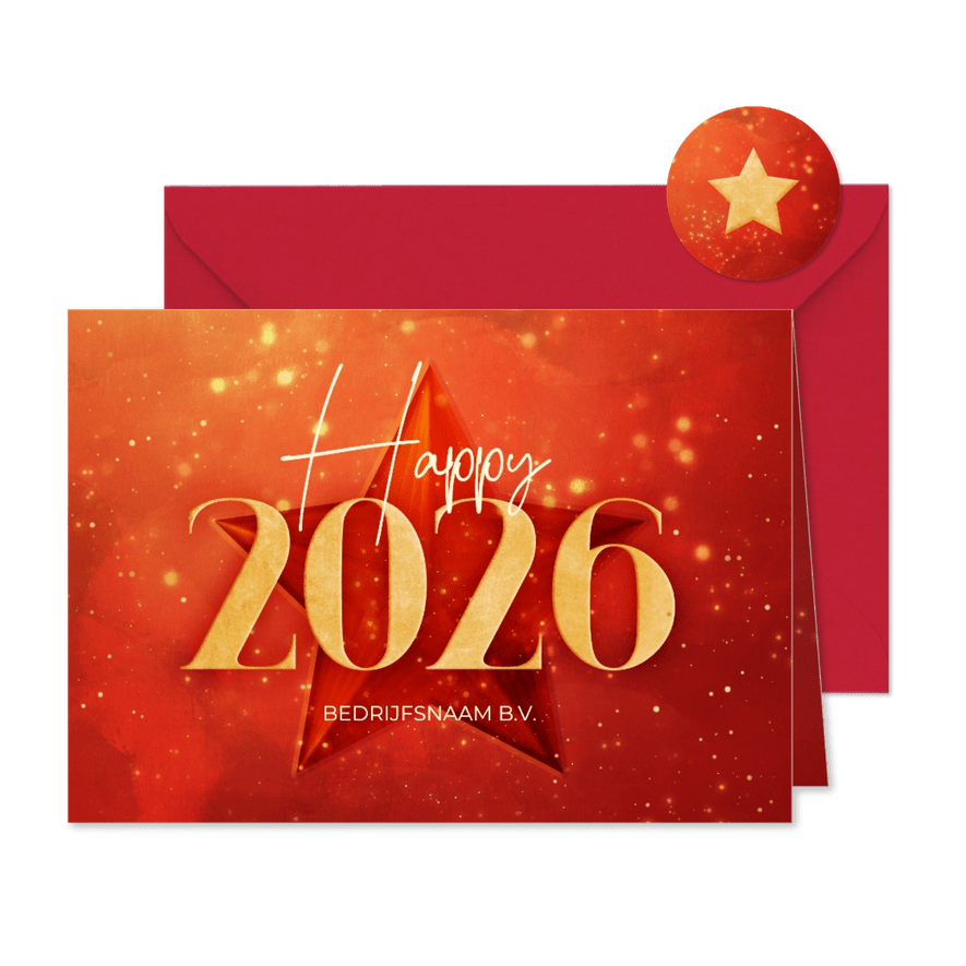 Rode zakelijke kerstkaart gouden 2026 met ster - Kaartimpressie