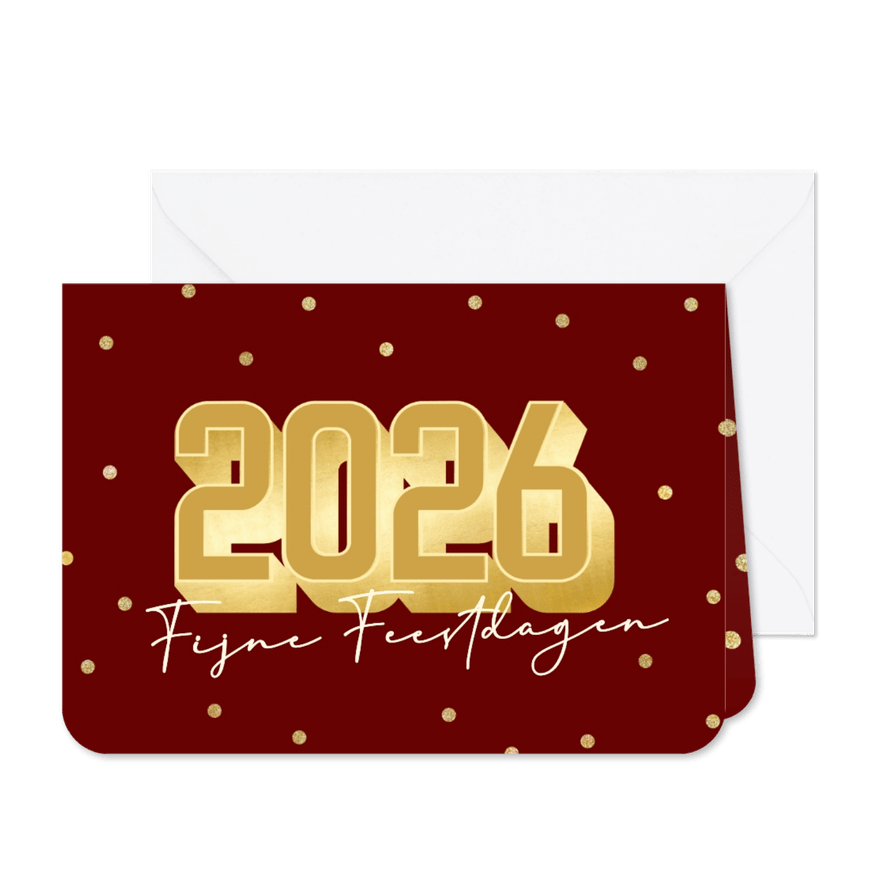 Rode zakelijke kerstkaart met grote gouden 2026 en confetti - Kaartimpressie