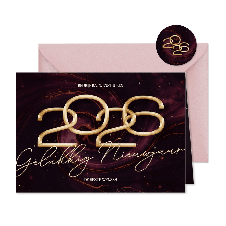 Rode zakelijke nieuwjaarskaart 2026 met marmer swirl - Kaartimpressie