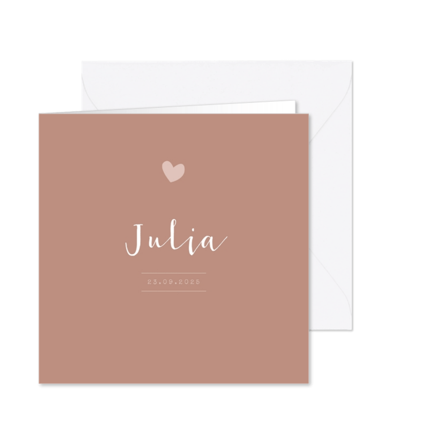 Roestbruin geboortekaartje met een oudroze hartje - Kaartimpressie