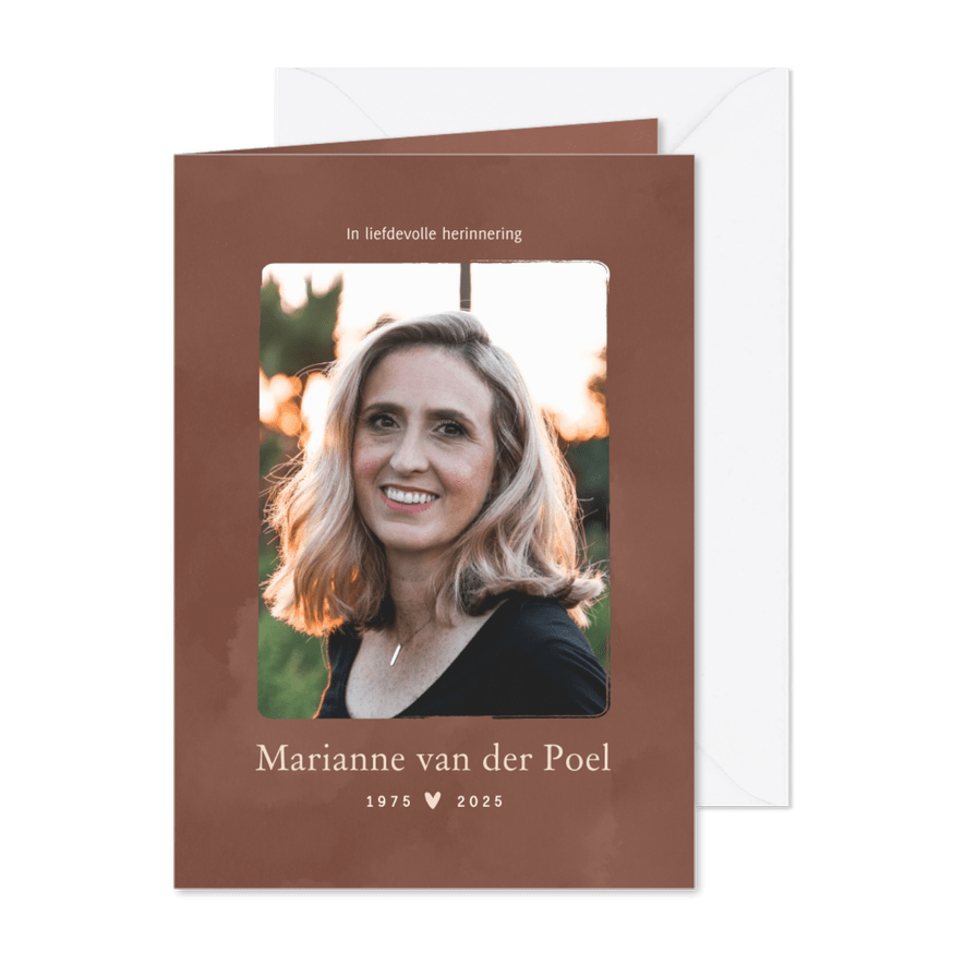 Roestkleurig bidprentje waterverf rouwkaart met hartje - Kaartimpressie