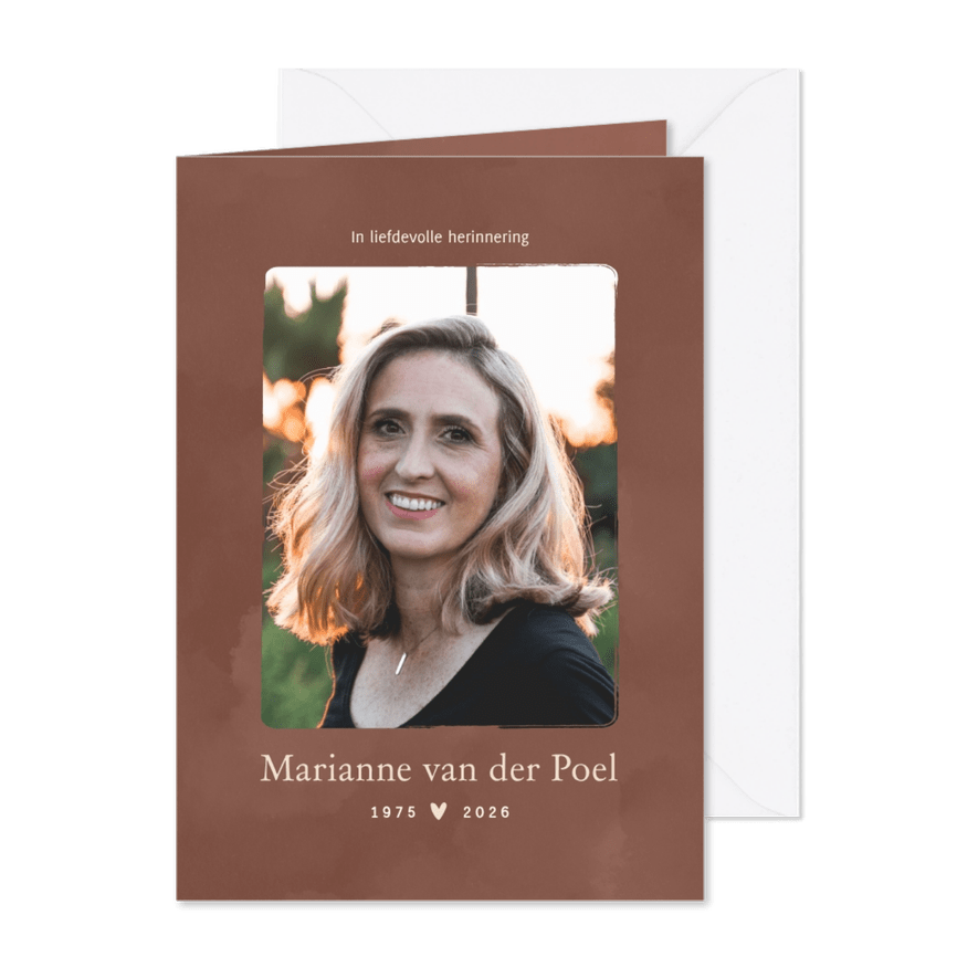 Roestkleurig bidprentje waterverf rouwkaart met hartje - Kaartimpressie