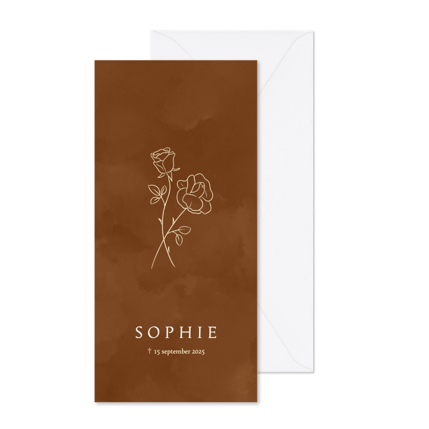 Roestkleurige rouwkaart sterrenkindje met roosjes - Kaartimpressie