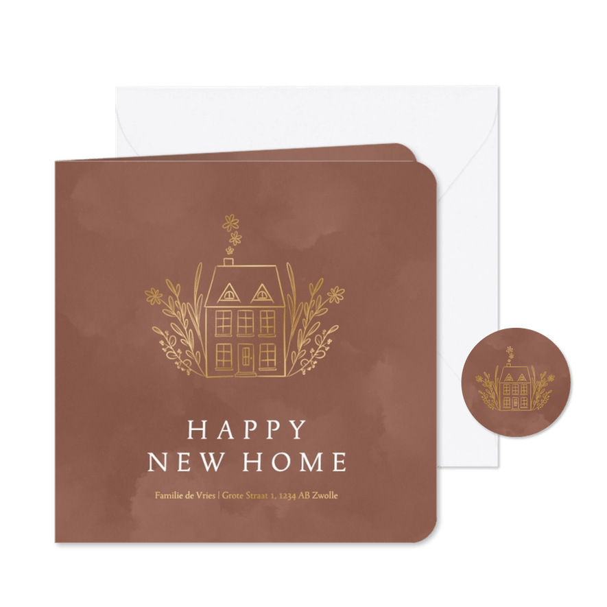 Roestkleurige verhuiskaart met goudlook illustratie huisje - Kaartimpressie