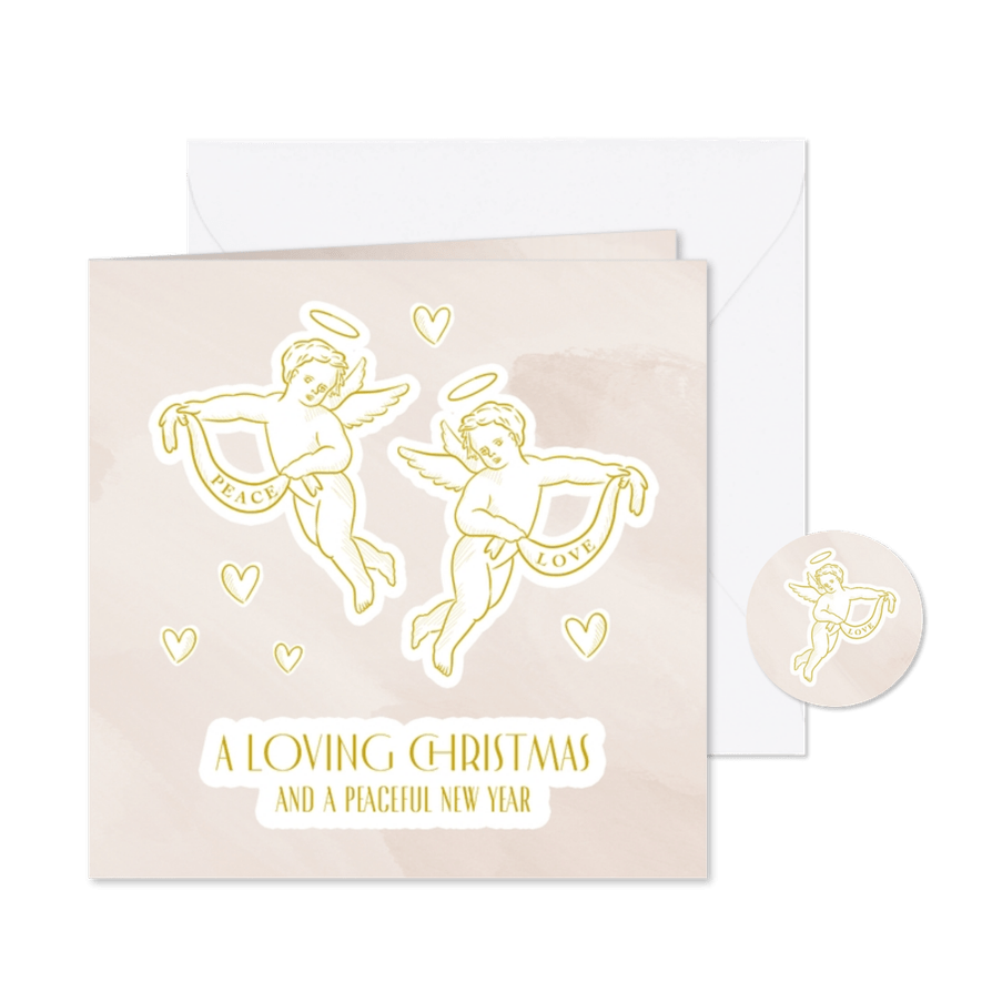 Romantische beige kerstkaart met klassieke engeltjes - Kaartimpressie