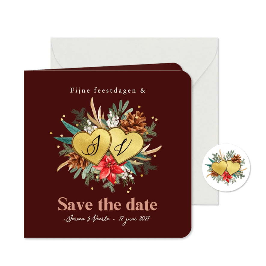 Romantische kerst save the date botanisch harten goud - Kaartimpressie