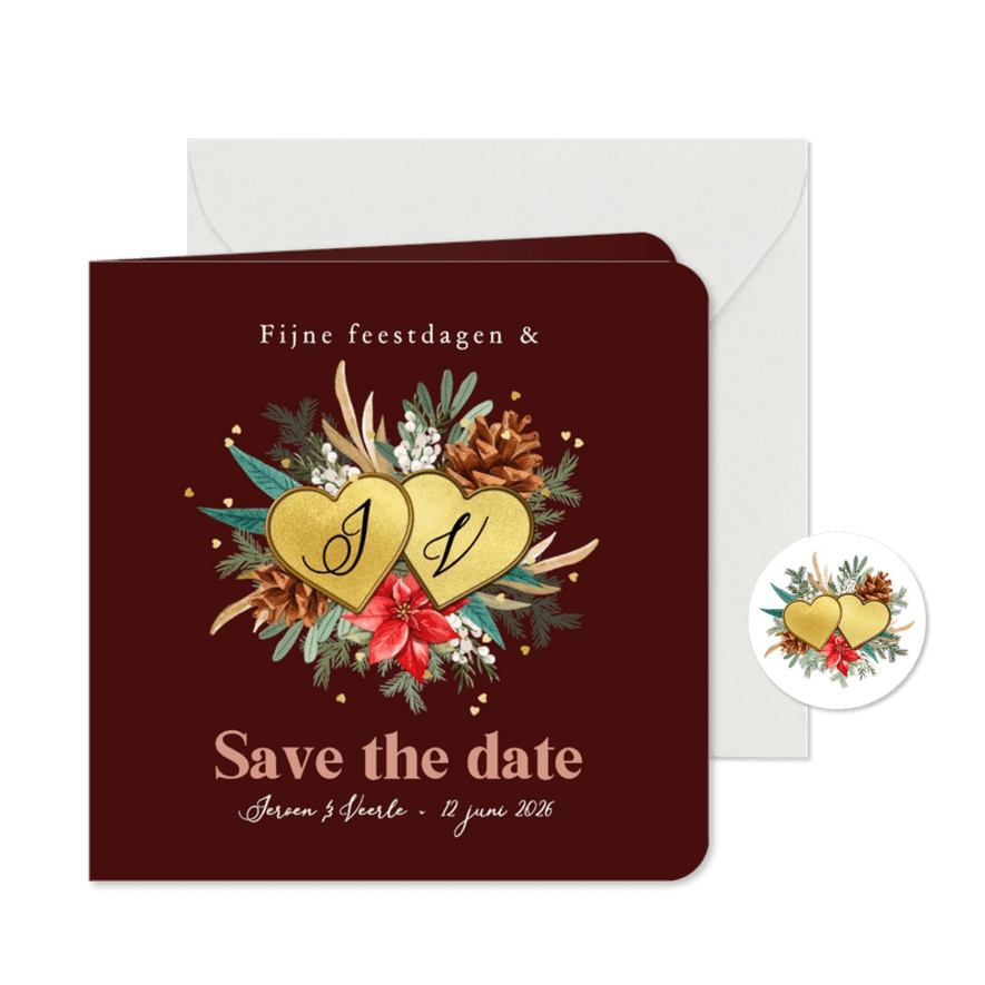 Romantische kerst save the date botanisch harten goud - Kaartimpressie