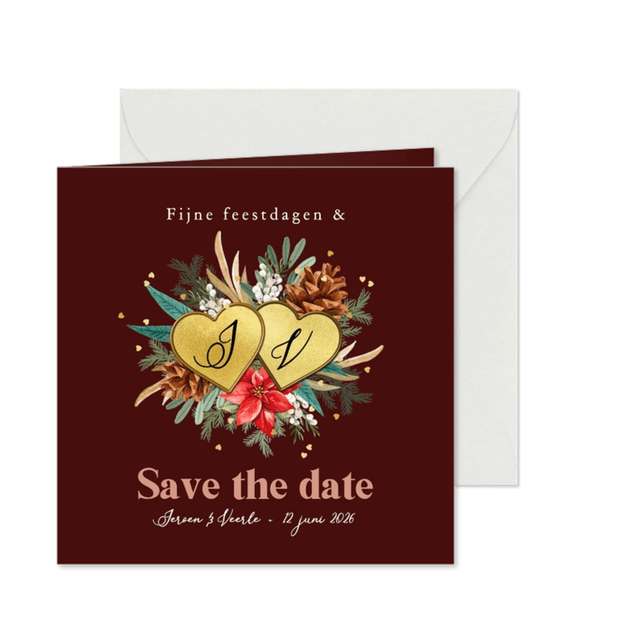 Romantische kerst save the date botanisch harten goud - Kaartimpressie