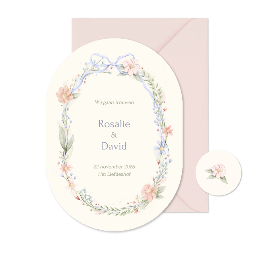 Romantische ovale trouwkaart strik met aquarel bloemen - Kaartimpressie
