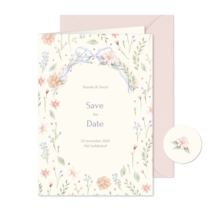 Romantische save the date kaart strik met aquarel bloemen - Kaartimpressie