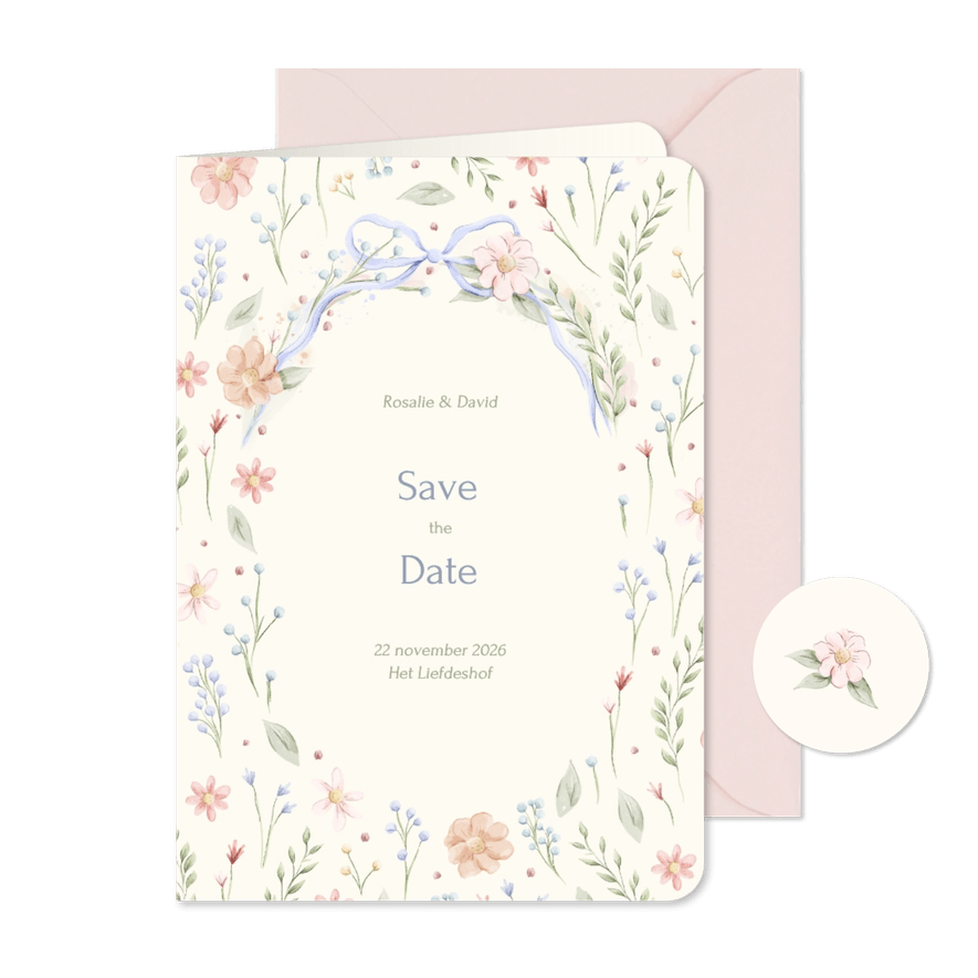Romantische save the date kaart strik met aquarel bloemen - Kaartimpressie