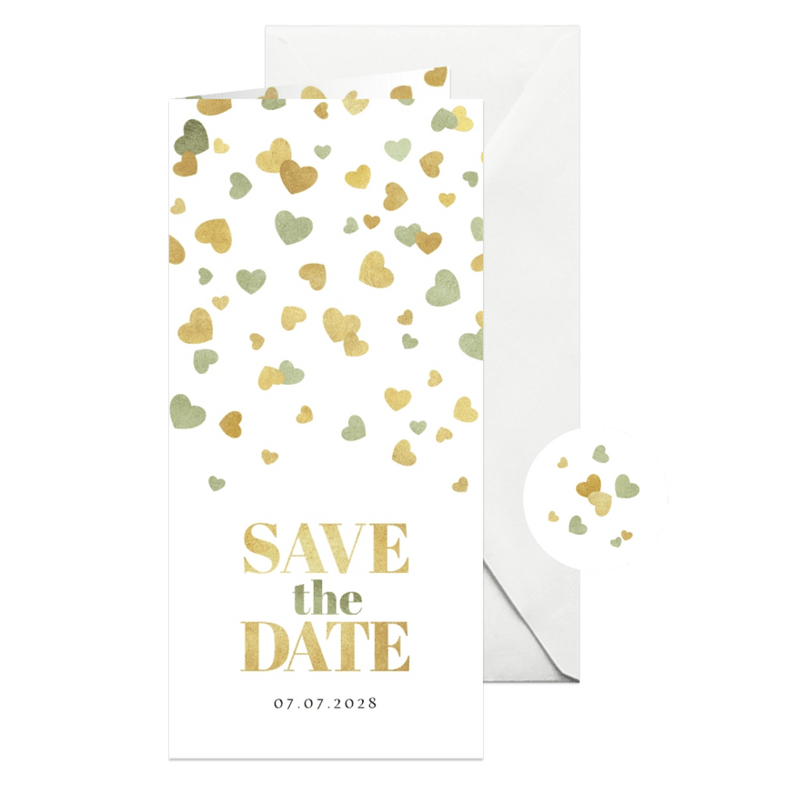 Romantische save the date uitnodiging hartjes goud groen - Kaartimpressie