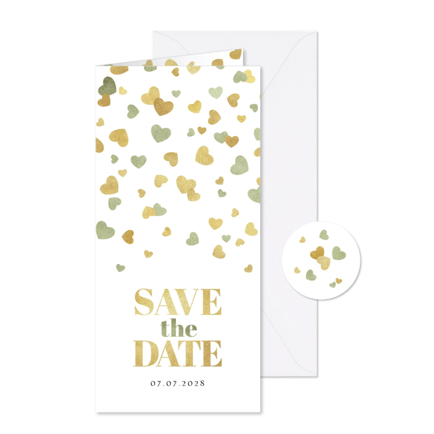 Romantische save the date uitnodiging hartjes goud groen - Kaartimpressie