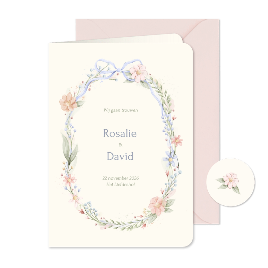 Romantische trouwkaart strik met aquarel bloemen - Kaartimpressie