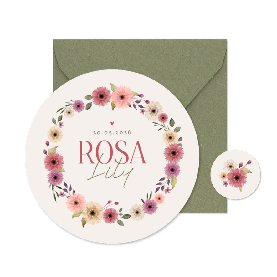 Rond geboortekaartje bloemen lente krans vintage lief - Kaartimpressie