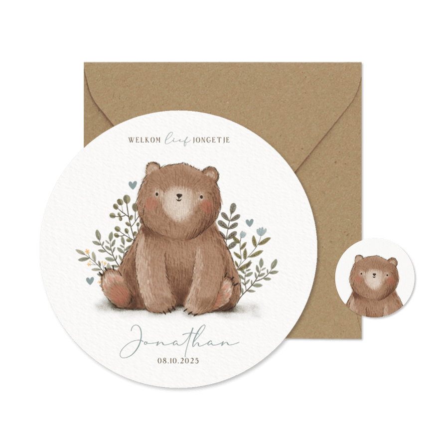 Rond geboortekaartje jongetje met beer plantjes en hartjes - Kaartimpressie