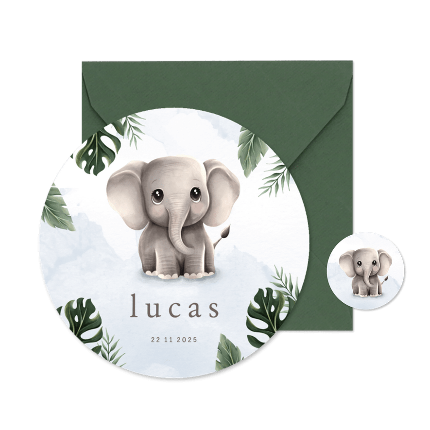 Rond geboortekaartje lief olifantje blauw jungle thema - Kaartimpressie