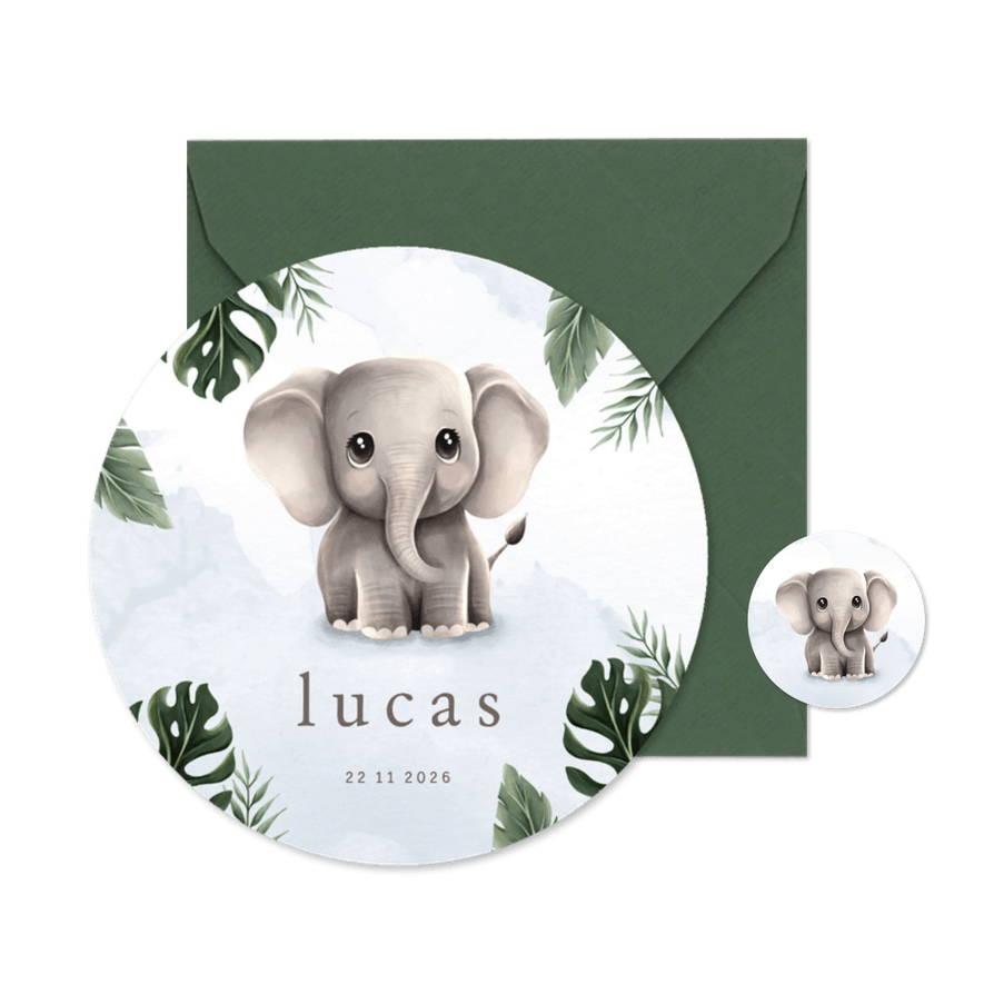 Rond geboortekaartje lief olifantje blauw jungle thema - Kaartimpressie
