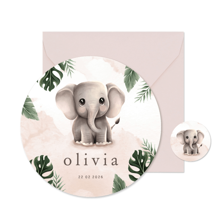 Rond geboortekaartje lief olifantje roze jungle thema - Kaartimpressie