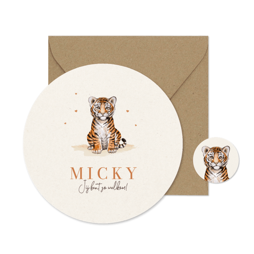 Rond geboortekaartje schattig tijger welpje baby unisex - Kaartimpressie